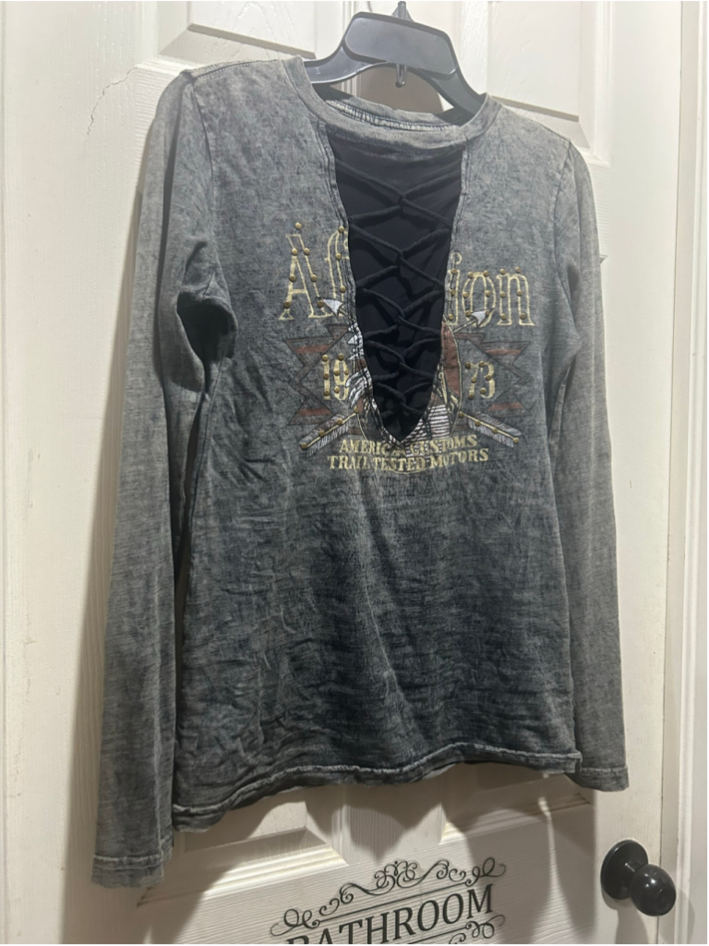 Women's Affliction Long Sleeve Tee Grey Black Lace-Up Size S